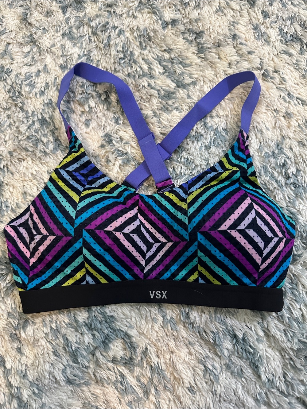 VSX Multicolor Geometric Print Sports Bra with Purple Straps 32C